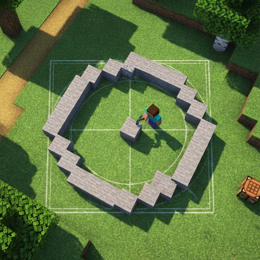 Minecraft player placing blocks following circular pattern template from above