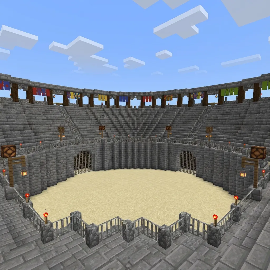 Minecraft circular PvP arena with tiered seating