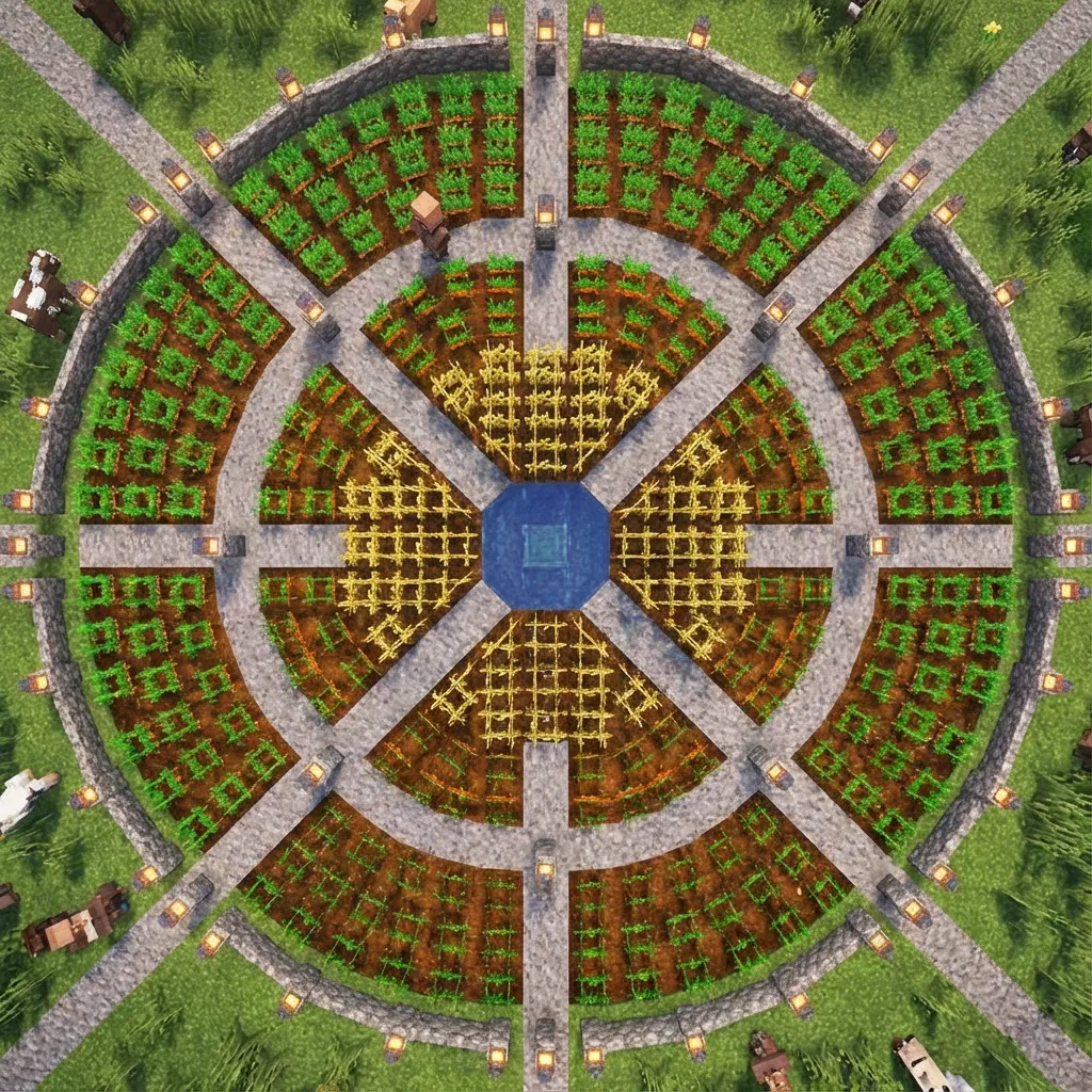 Minecraft circular farm with crop rings