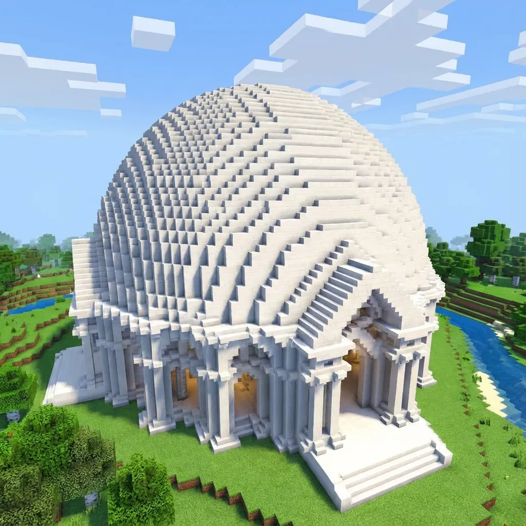 Minecraft dome made of quartz blocks showing smooth white curved surface on an elegant temple or palace