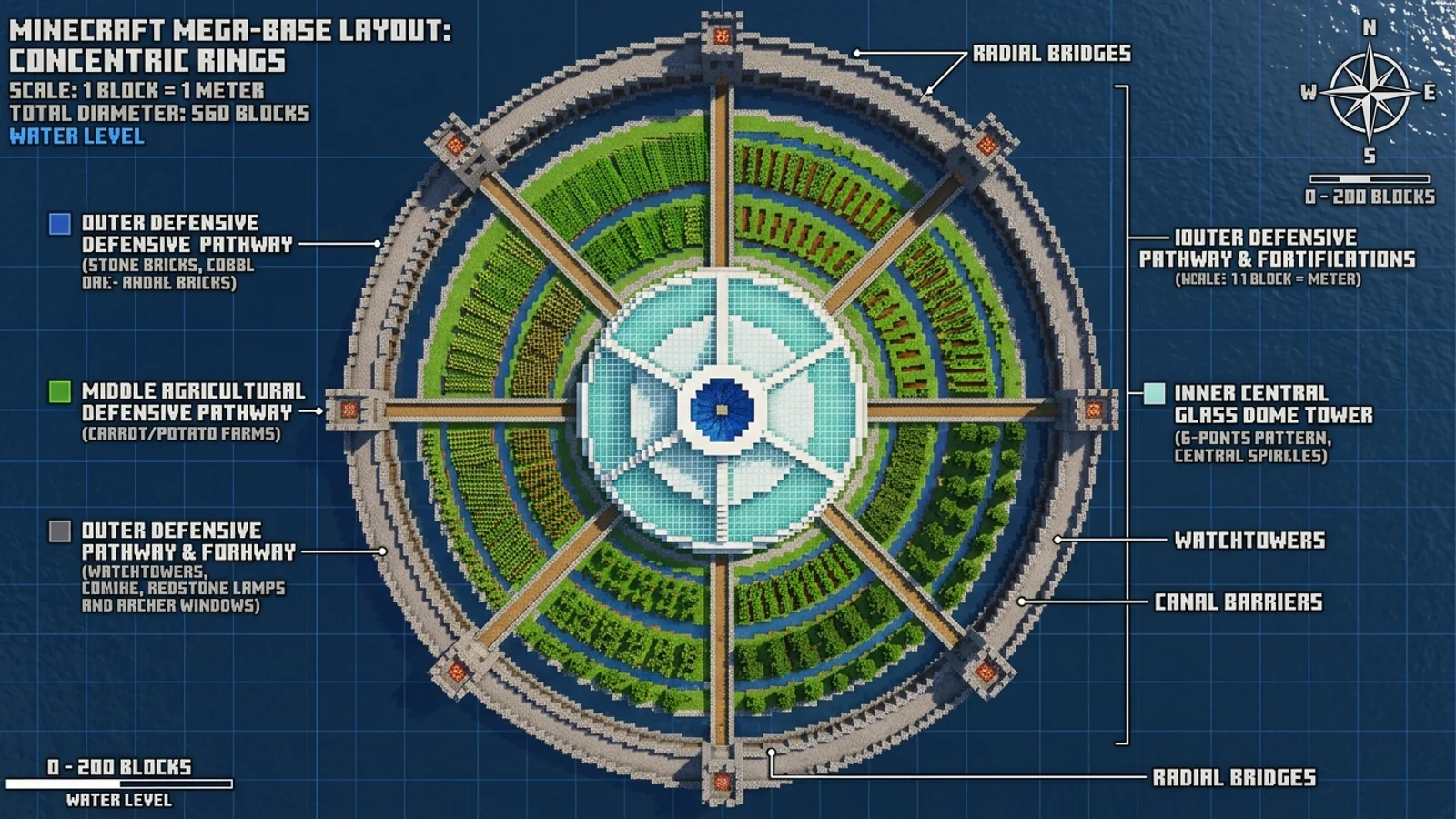 Top-down architectural blueprint of concentric circular mega-base zoning