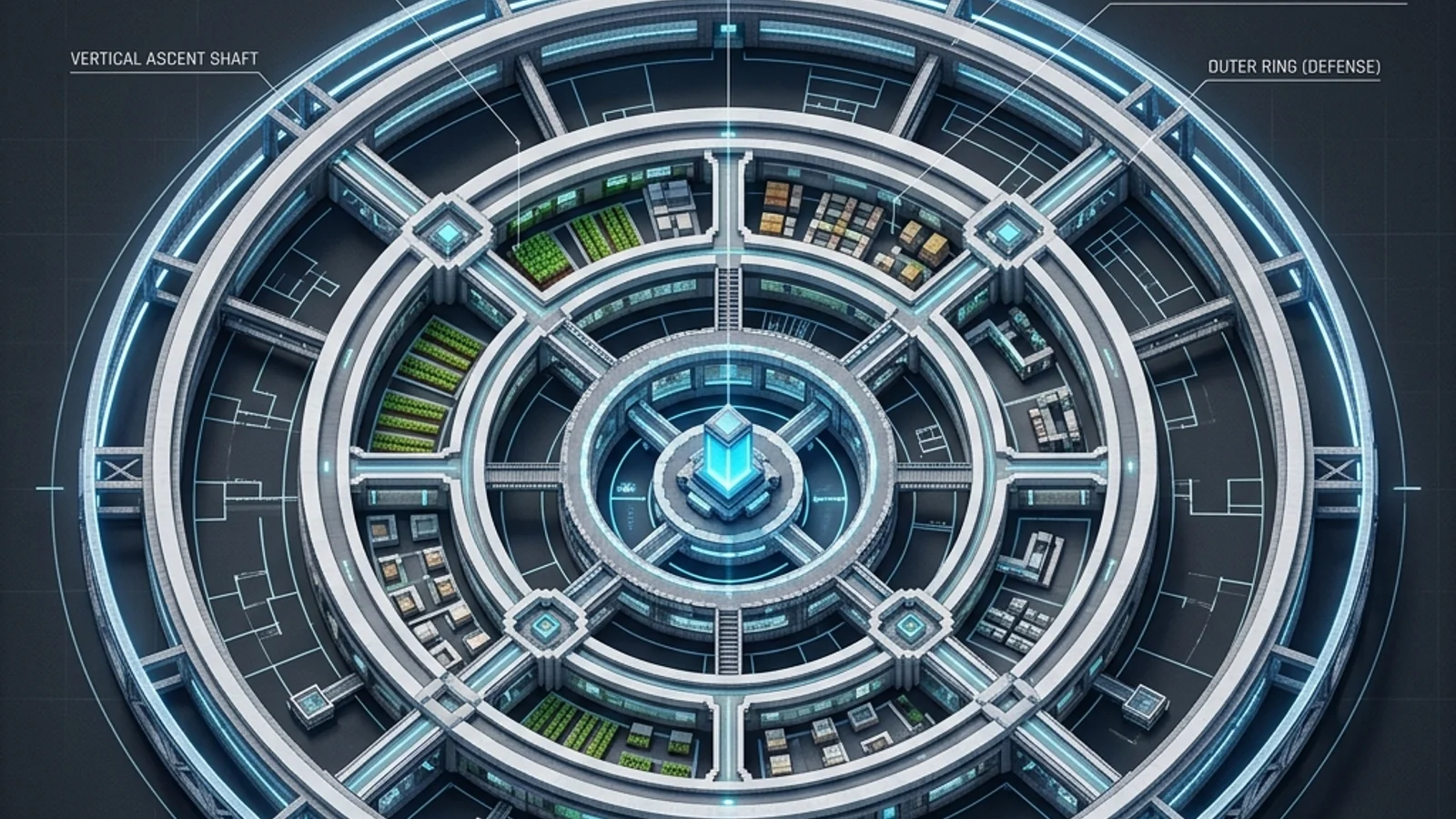 Blueprint layout for Minecraft circular base designs showing inner rings