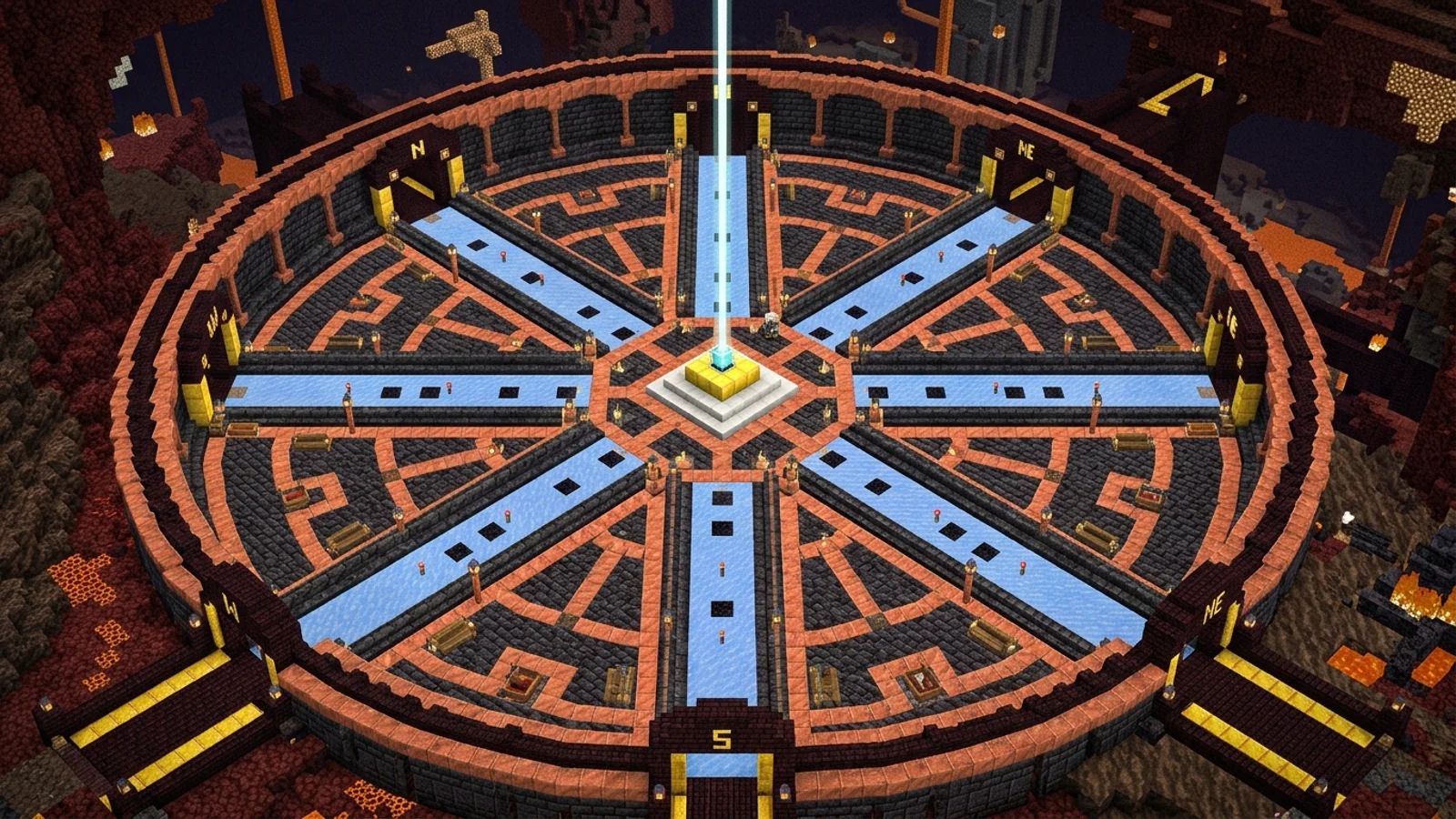 Top-down radial spoke layout for a Minecraft circular Nether hub