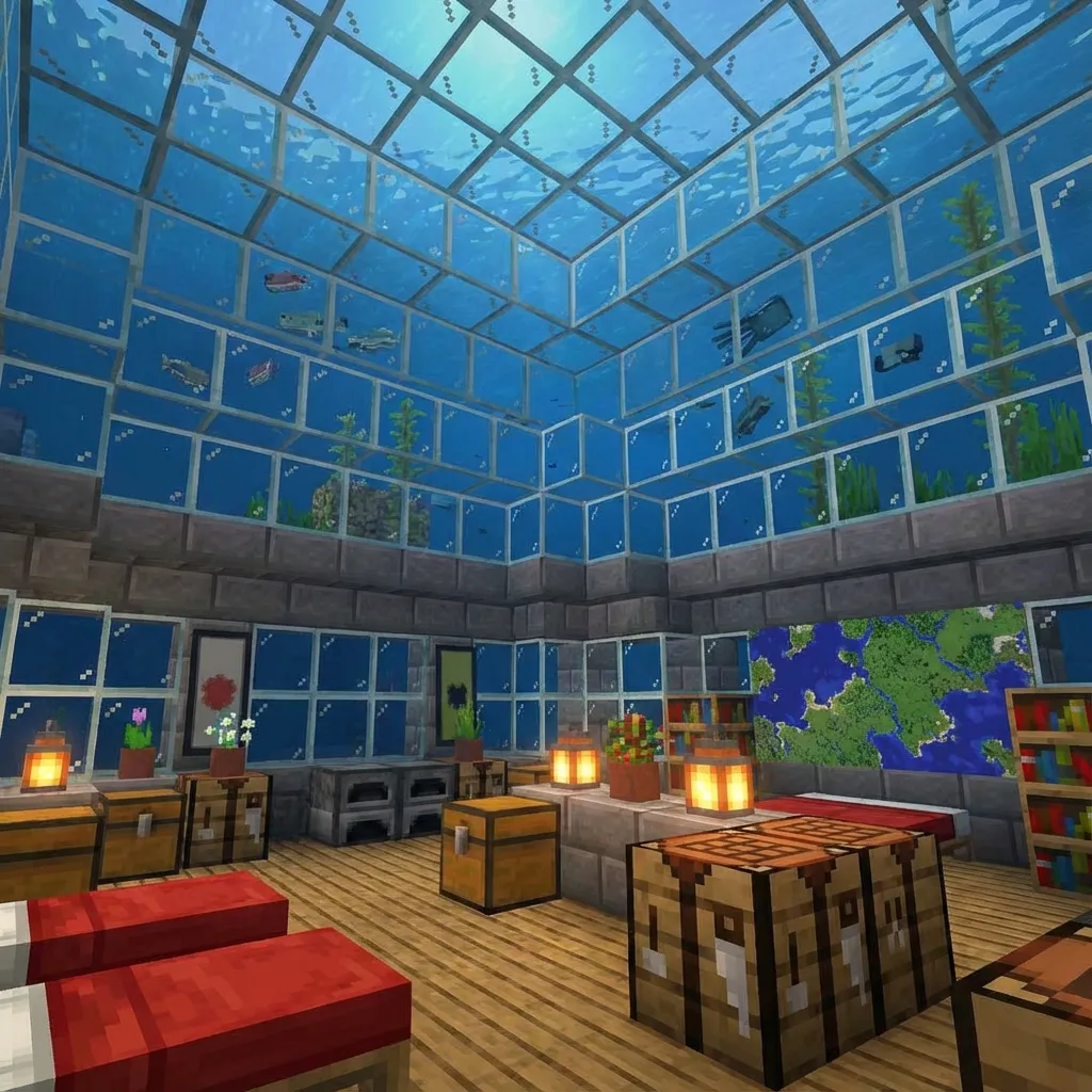 Interior of Minecraft underwater dome base with furnishings and glass ceiling showing ocean above