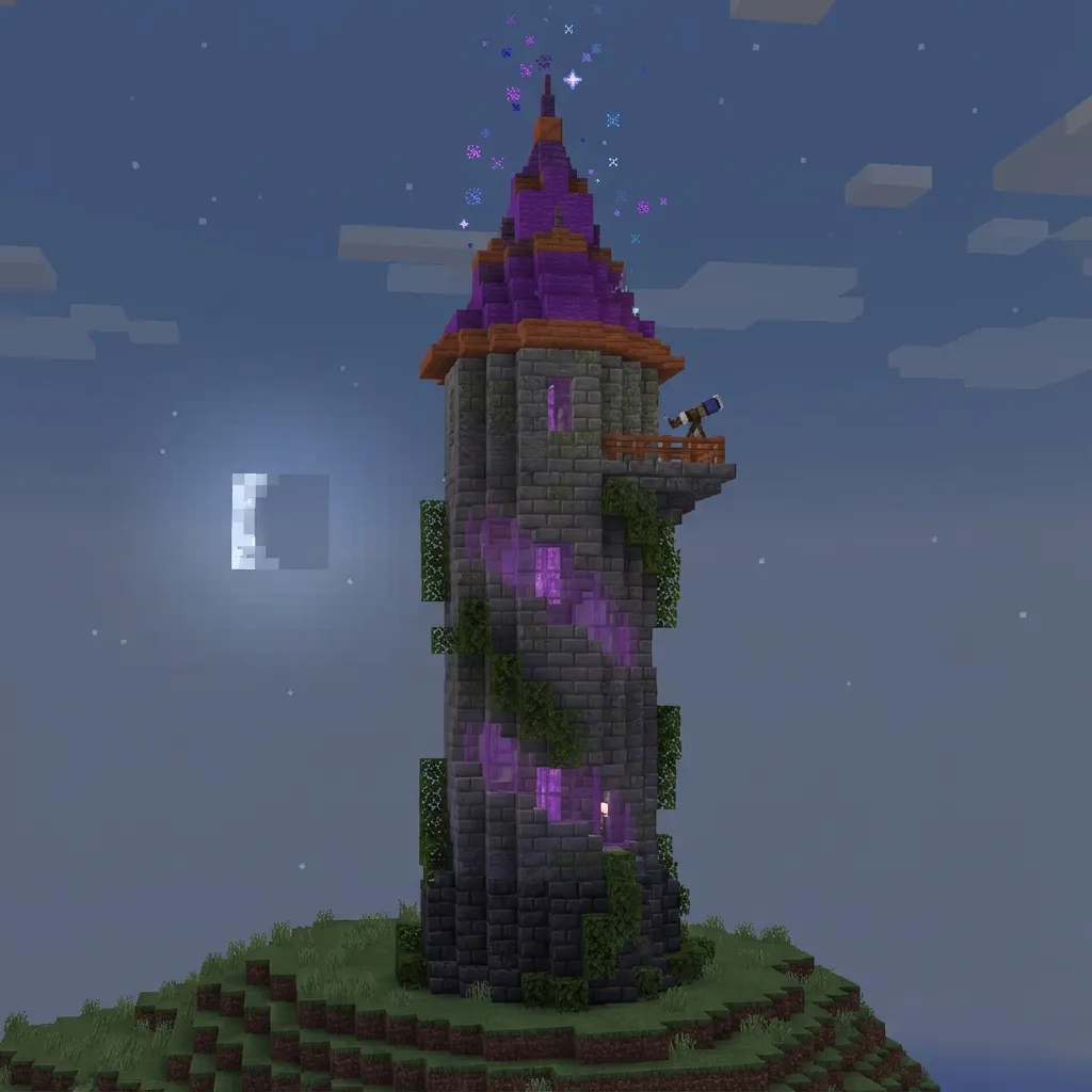 Minecraft wizard tower with circular base and spiral staircase, featuring purple magical blocks at night