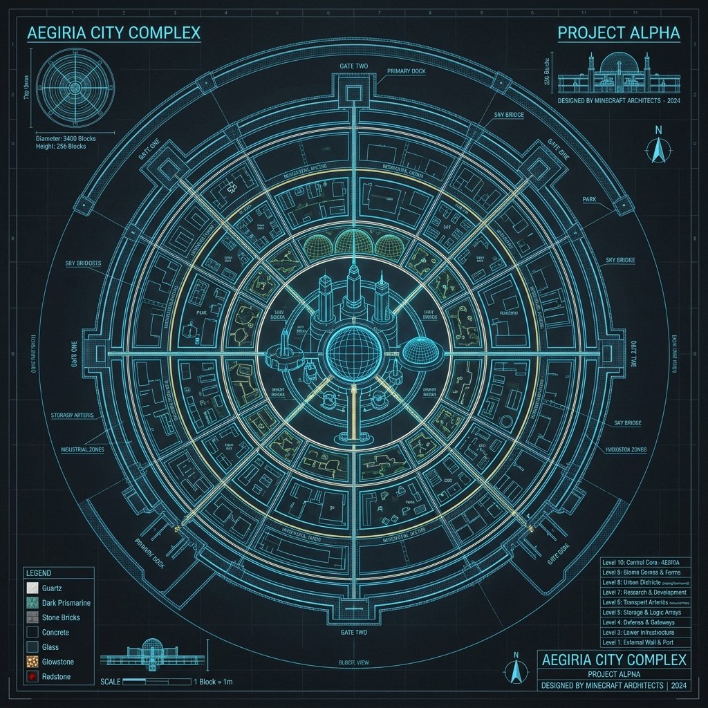 A premium, minimalistic architectural blueprint of a circular Minecraft mega-structure, sleek lines, dark background, glowing neon accents