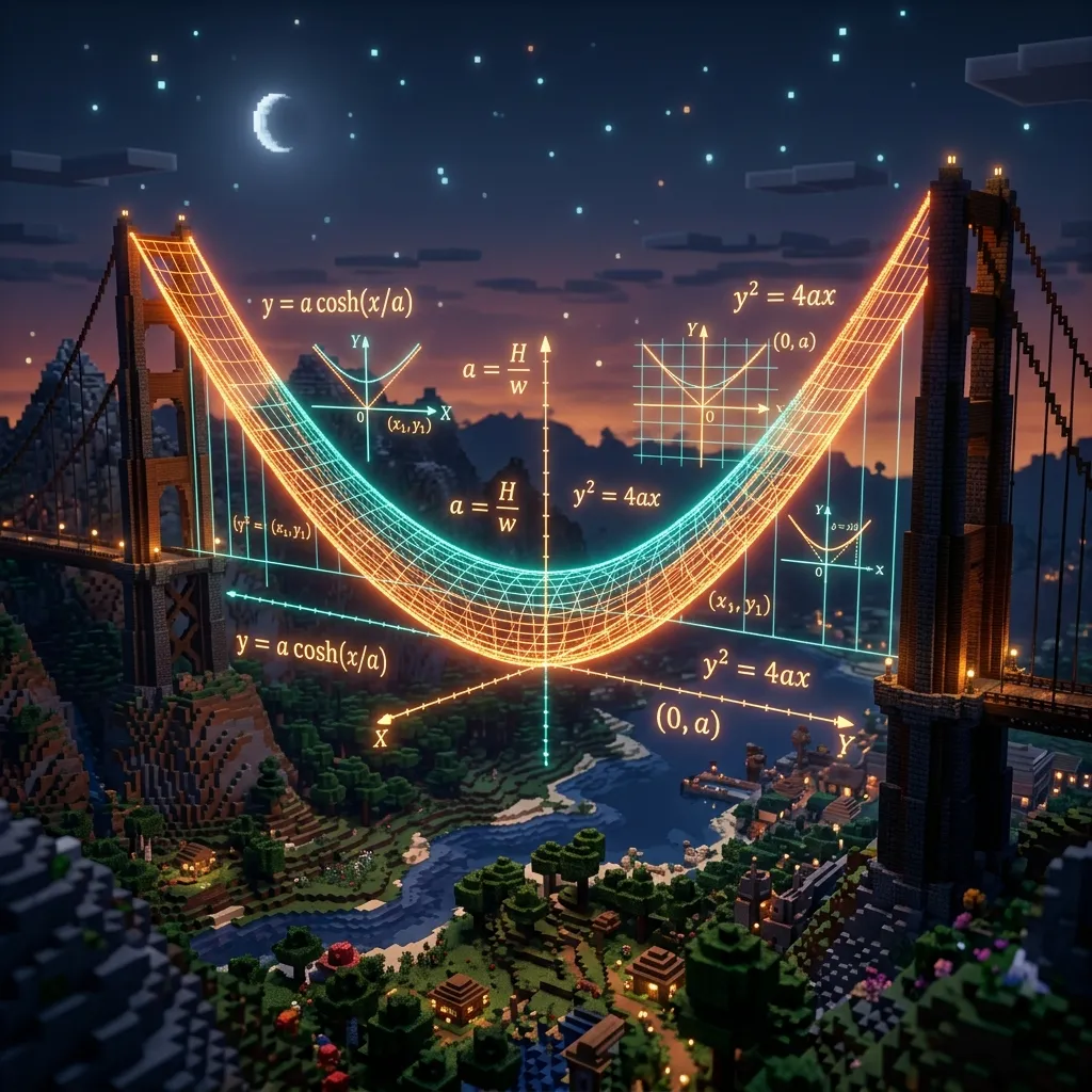 A premium cinematic illustration of a wireframe catenary curve suspended inside a dark, grid-aligned voxel chamber. Luminous hyperbola formulas float adjacent to the blocks.