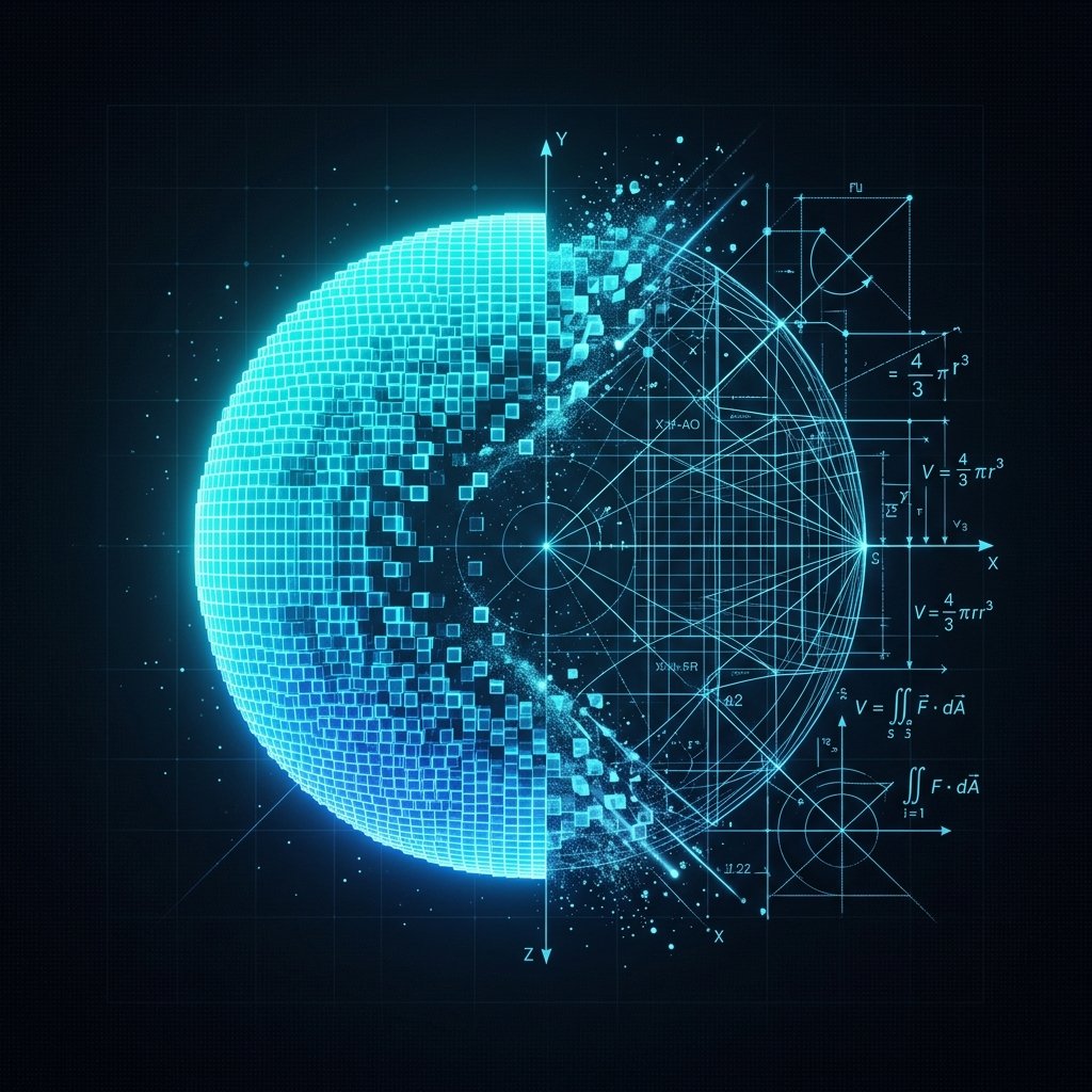 A premium, minimalistic illustration of a glowing 3D voxel sphere dissolving into a mathematical wireframe or blueprint